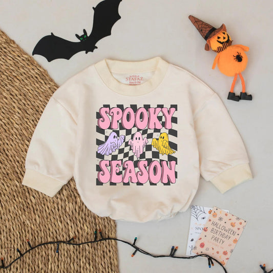 Spooky Season Baby Romper: Pastel Ghost Halloween Outfit for Baby Girl - Cute Fall Bodysuit for Infant or Toddler, Checkerboard Spooky Cute Look (138 chars)