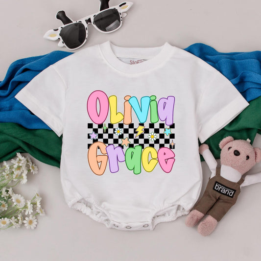 Olivia Grace Retro Baby Romper, Personalized Name Bodysuit, Custom Colorful Outfit, Bubbly Letters, Checkers, Stars, Lightning Bolts, Baby Girl Gift, Birthday