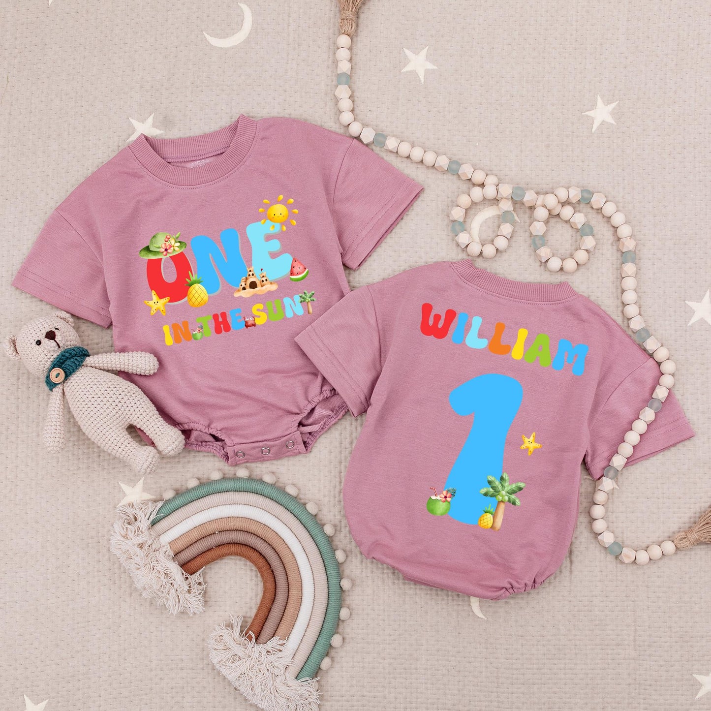 One In The Sun Bright Birthday Baby Romper Pool Beach 1st Boys Birthday Bubble Romper Summer First Birthday Outfit Sun Celebration
