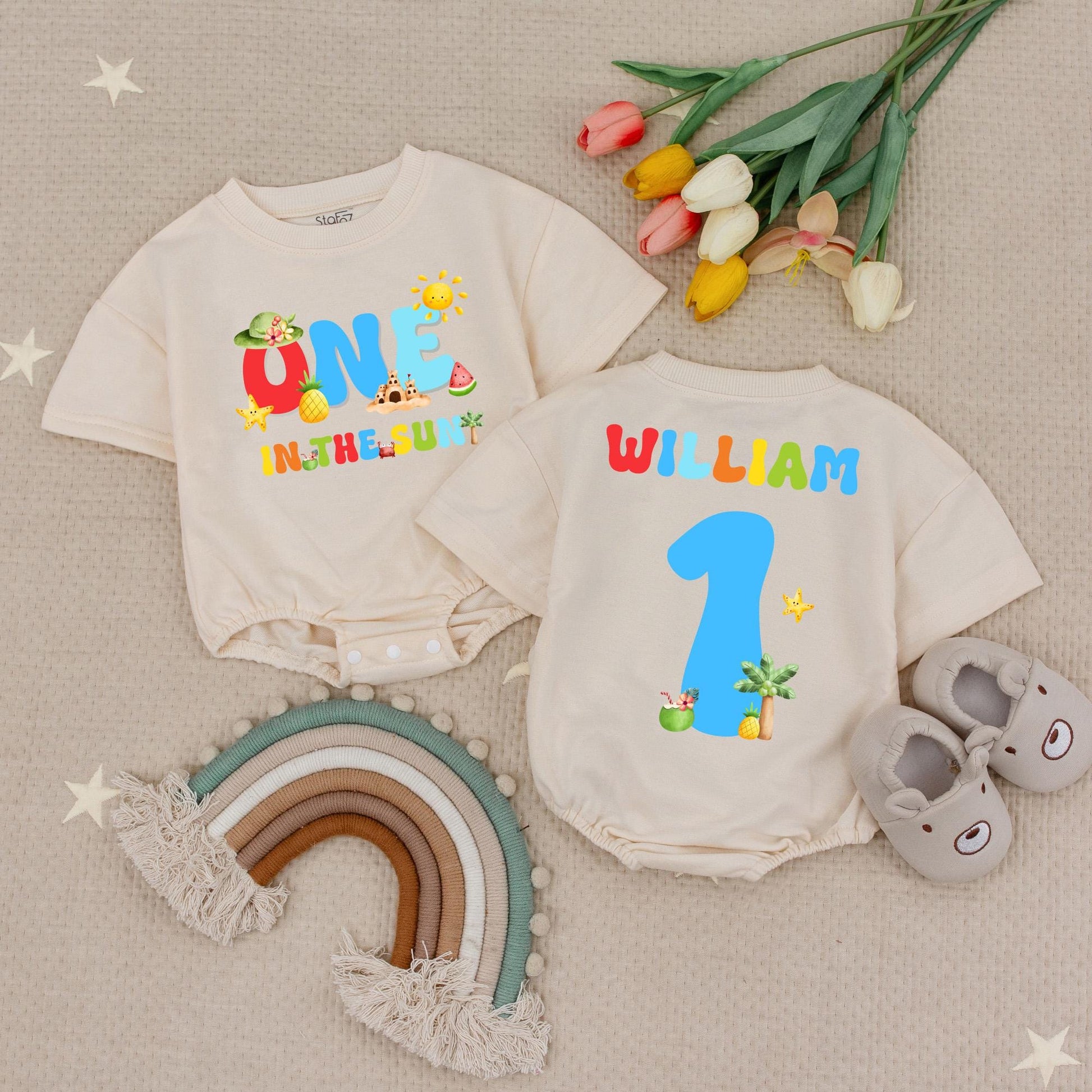 One In The Sun Bright Birthday Baby Romper Pool Beach 1st Boys Birthday Bubble Romper Summer First Birthday Outfit Sun Celebration