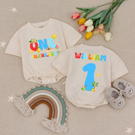 One In The Sun Bright Birthday Baby Romper Pool Beach 1st Boys Birthday Bubble Romper Summer First Birthday Outfit Sun Celebration