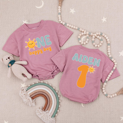 Custom Name Sun First Birthday Baby Romper Happy Boy Retro 1st Birthday Sun Babysuit Theme Outfit Celebration Cotton