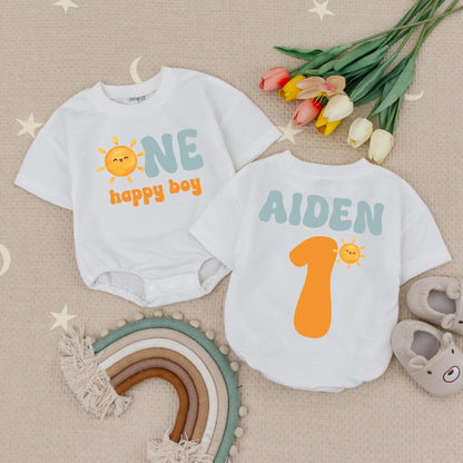 Custom Name Sun First Birthday Baby Romper Happy Boy Retro 1st Birthday Sun Babysuit Theme Outfit Celebration Cotton
