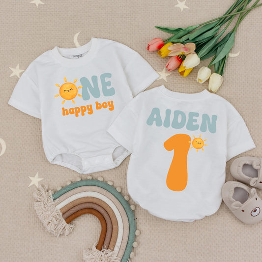 Custom Name Sun First Birthday Baby Romper Happy Boy Retro 1st Birthday Sun Babysuit Theme Outfit Celebration Cotton