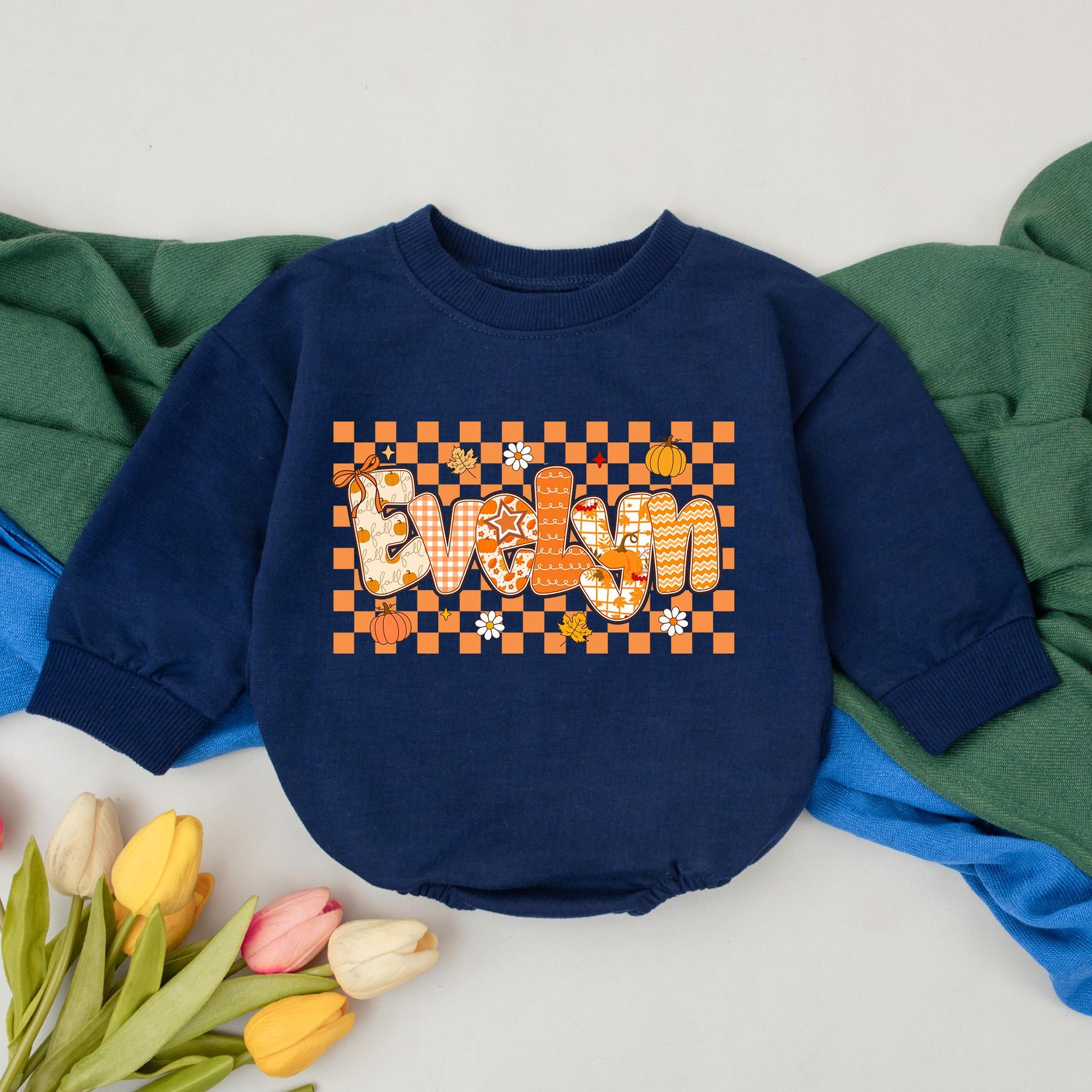 Personalized Baby Girl Thanksgiving Romper, Fall Name Outfit, Pumpkin Patch Gift, Retro Design, Custom Name Bodysuit, Baby Shower Gift