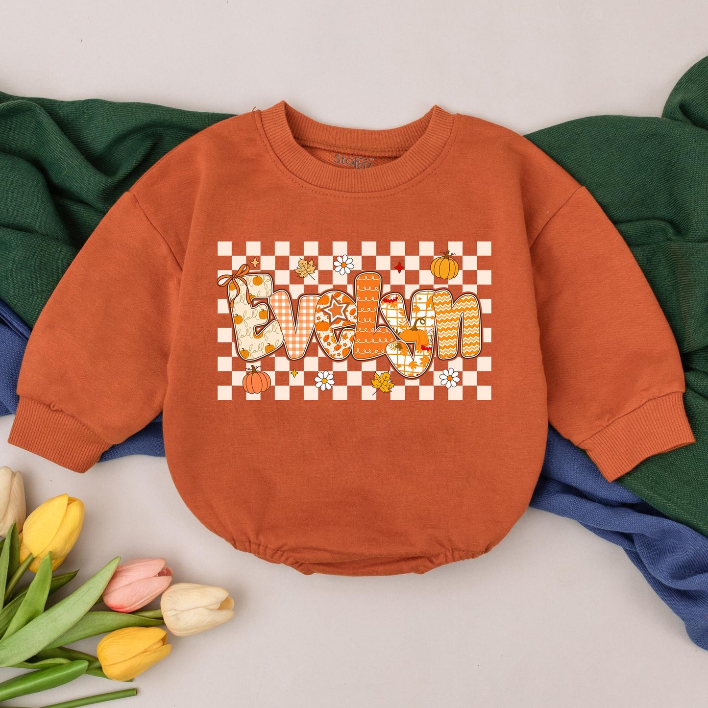 Personalized Baby Girl Thanksgiving Romper, Fall Name Outfit, Pumpkin Patch Gift, Retro Design, Custom Name Bodysuit, Baby Shower Gift