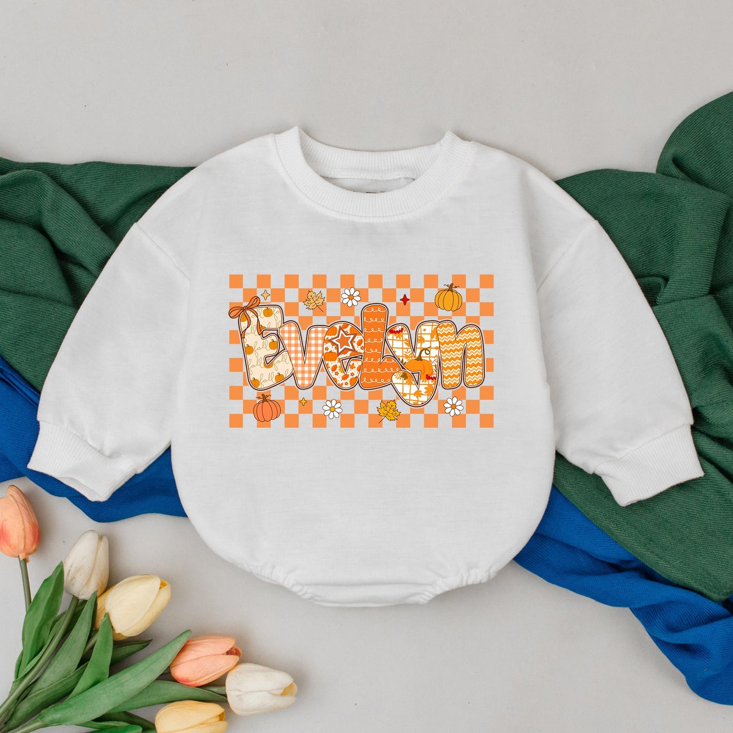 Personalized Baby Girl Thanksgiving Romper, Fall Name Outfit, Pumpkin Patch Gift, Retro Design, Custom Name Bodysuit, Baby Shower Gift