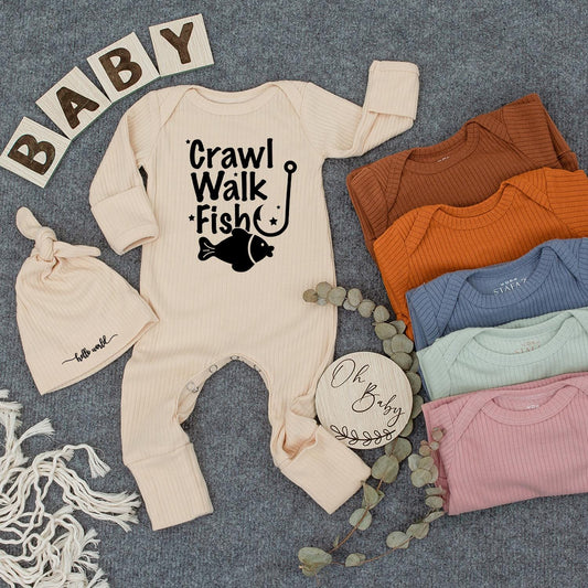 Crawl Walk Fish Baby Bodysuit & Hat Set, Cute Fishing Outfit for Newborn, Infant Boy or Girl, Coming Home Outfit, Baby Shower Gift
