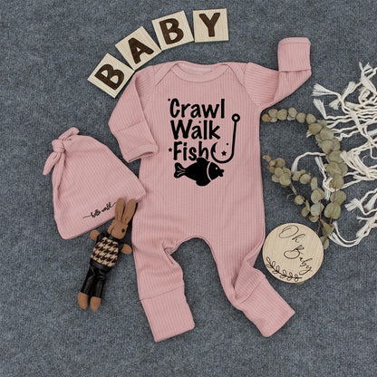 Crawl Walk Fish Baby Bodysuit & Hat Set, Cute Fishing Outfit for Newborn, Infant Boy or Girl, Coming Home Outfit, Baby Shower Gift