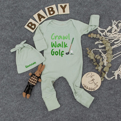 Crawl Walk Golf Baby Bodysuit & Hat Set - Future Golfer Outfit, Newborn Clothes, Cute Green & Brown Golf Design, Unique Baby Shower Gift for Golf Lovers