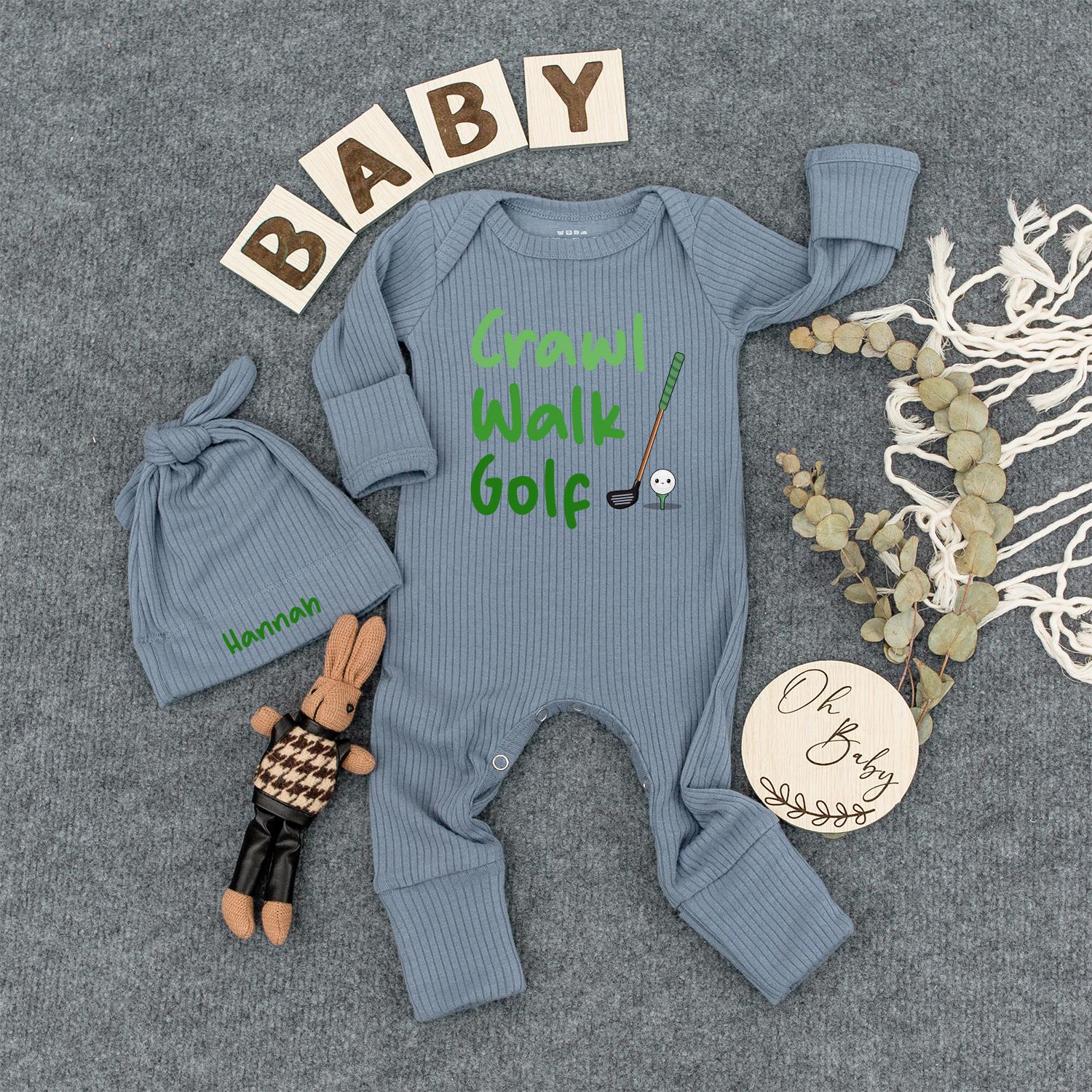 Crawl Walk Golf Baby Bodysuit & Hat Set - Future Golfer Outfit, Newborn Clothes, Cute Green & Brown Golf Design, Unique Baby Shower Gift for Golf Lovers