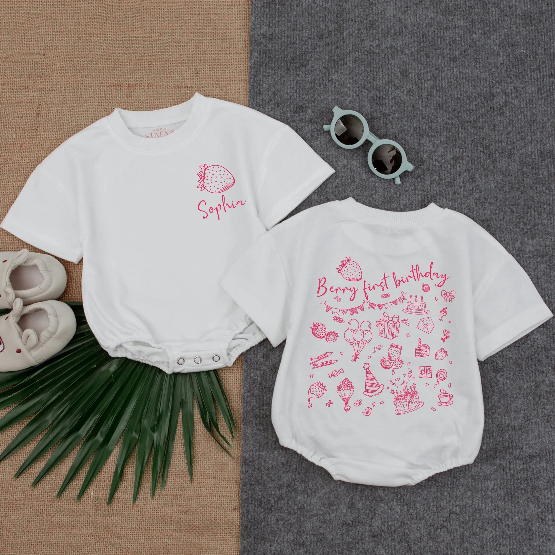 Custom Berry First Birthday Bubble Romper for Adorable Baby Girl, Sweet Strawberry Theme Cake Smash Outfit One Year Old Gift