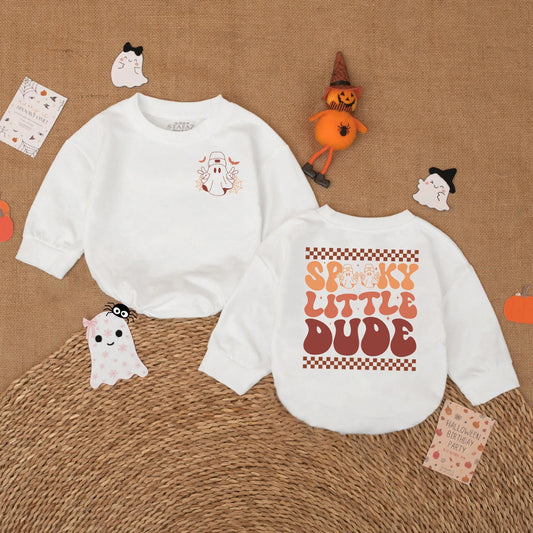 Cute Spooky Little Dude Baby Boy Halloween Romper Ghost Bodysuit perfect first outfit infant costume for retro fall soft comfortable fun