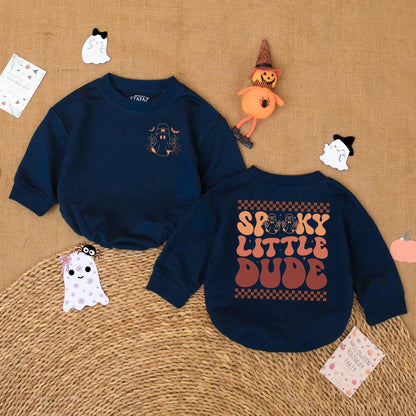 Cute Spooky Little Dude Baby Boy Halloween Romper Ghost Bodysuit perfect first outfit infant costume for retro fall soft comfortable fun