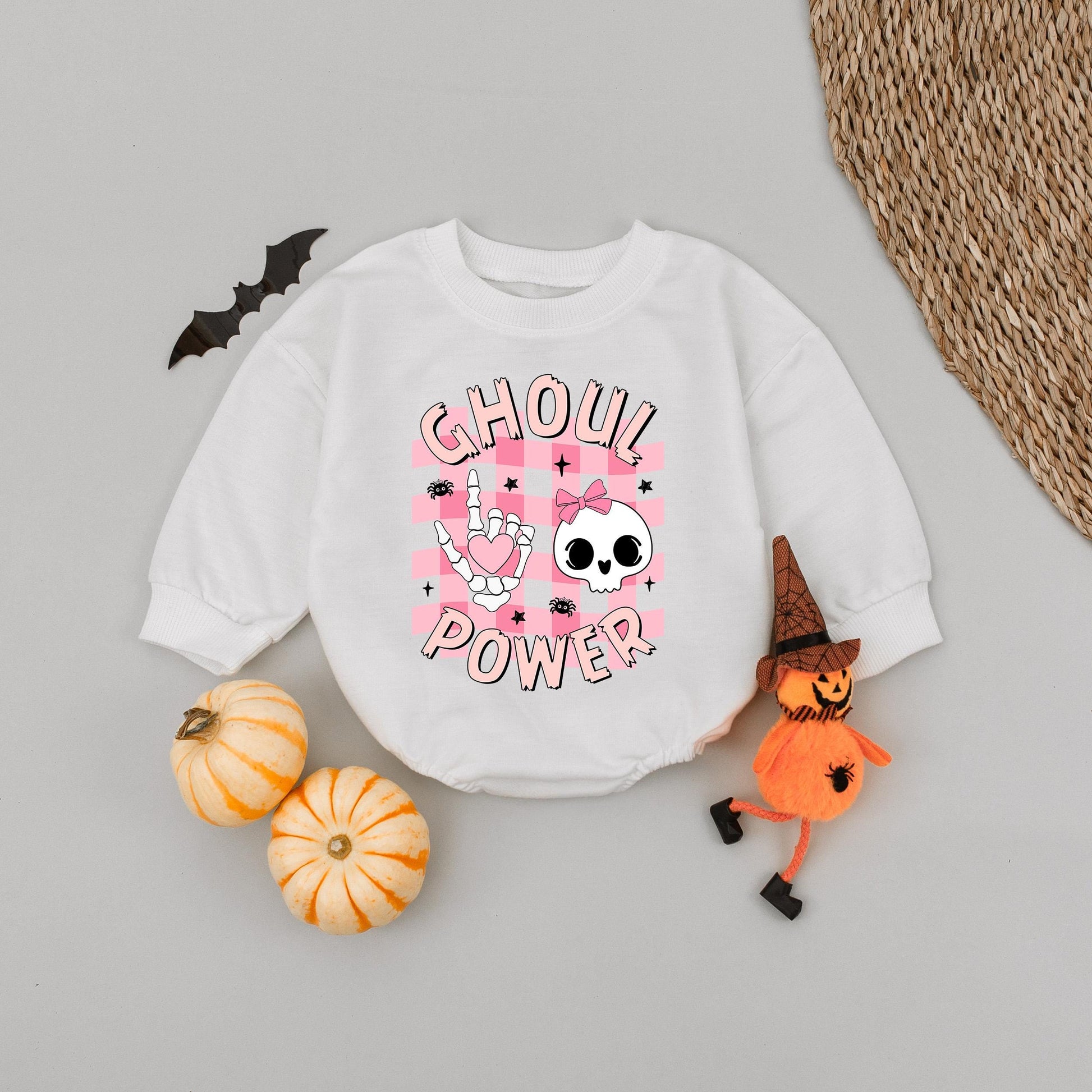 Pink Ghoul Power Halloween Baby Romper cute skull and spider design soft cotton funny infant girl outfit fall first birthday gift