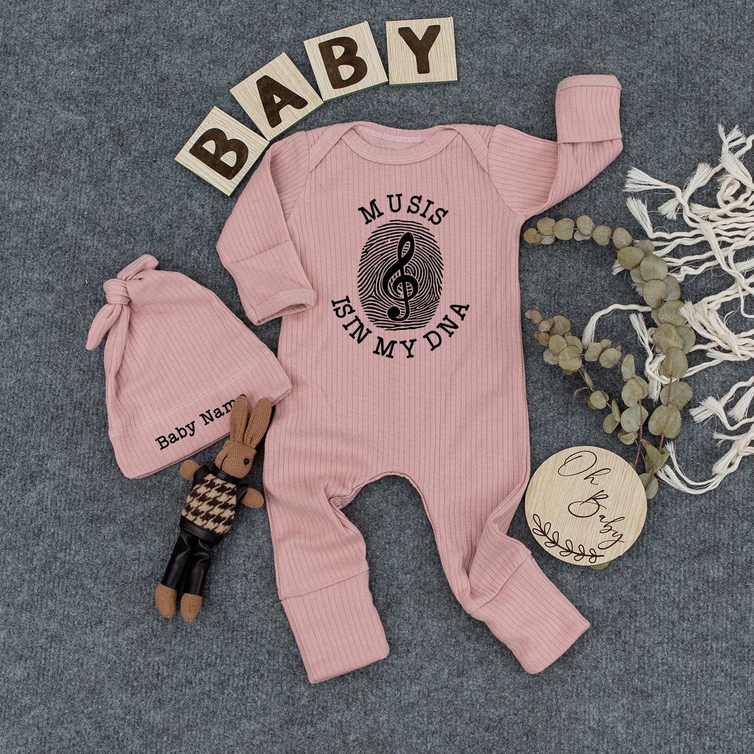 Personalized Music Is In My DNA Baby Bodysuit and Hat Set Newborn Infant Outfit, Musical Treble Clef Baby Shower Gift, Cute Announcement Clothes