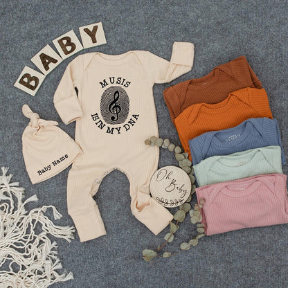 Personalized Music Is In My DNA Baby Bodysuit and Hat Set Newborn Infant Outfit, Musical Treble Clef Baby Shower Gift, Cute Announcement Clothes