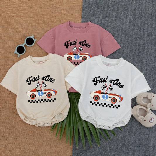 Personalized Fast One Race Car First Birthday Boy T-shirt Bubble Romper Soft Cotton Comfortable Party Outfit for Toddler Infant Celebration Gift