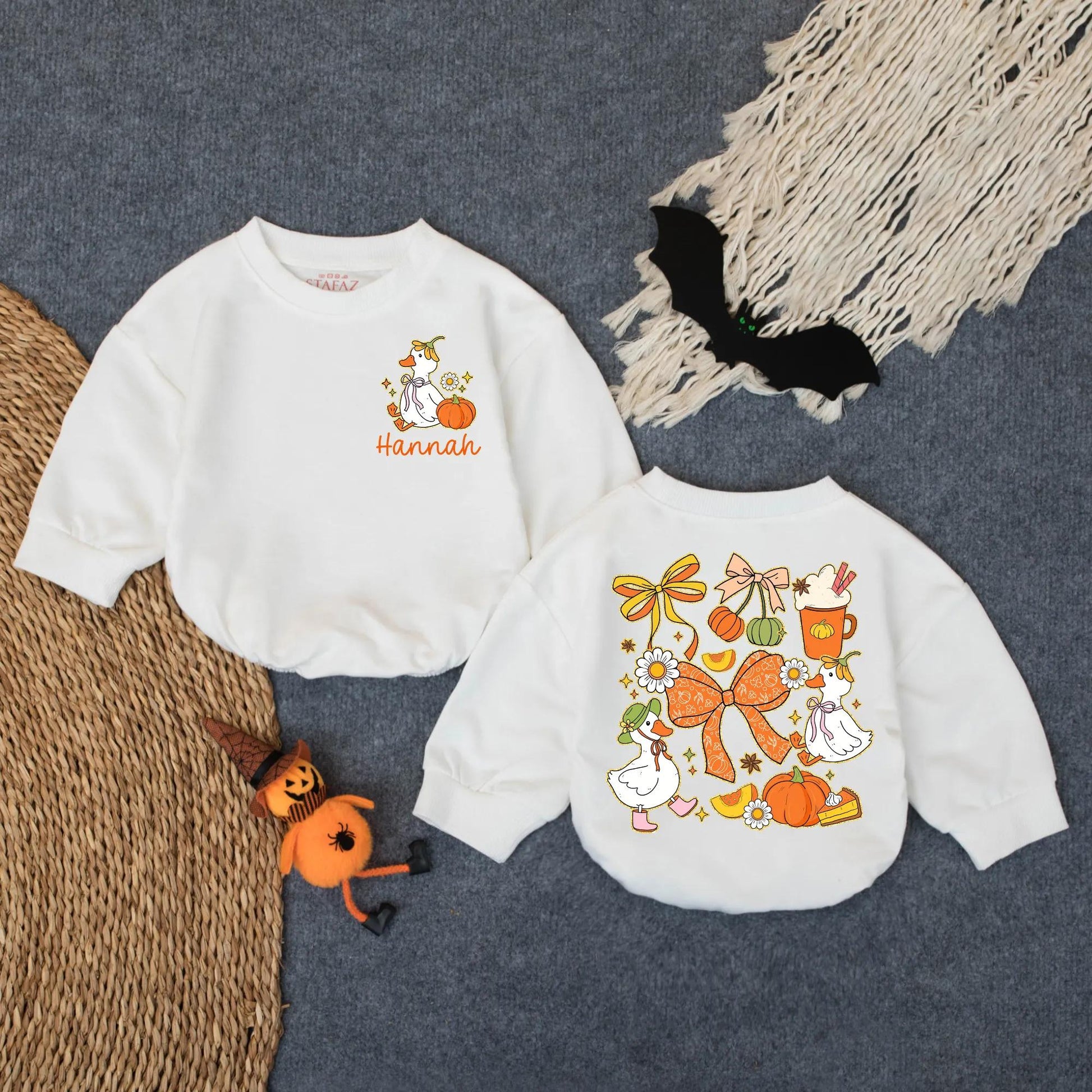 Personalized Preppy Pumpkin Goose Bubble Romper Baby's First Thanksgiving Outfit Cute Fall Girl Clothes Cozy Autumn Costume