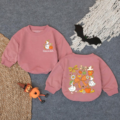 Personalized Preppy Pumpkin Goose Bubble Romper Baby's First Thanksgiving Outfit Cute Fall Girl Clothes Cozy Autumn Costume