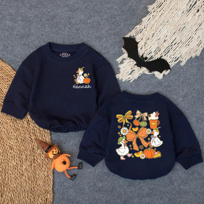 Personalized Preppy Pumpkin Goose Bubble Romper Baby's First Thanksgiving Outfit Cute Fall Girl Clothes Cozy Autumn Costume