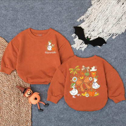 Personalized Preppy Pumpkin Goose Bubble Romper Baby's First Thanksgiving Outfit Cute Fall Girl Clothes Cozy Autumn Costume