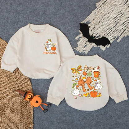 Personalized Preppy Pumpkin Goose Bubble Romper Baby's First Thanksgiving Outfit Cute Fall Girl Clothes Cozy Autumn Costume
