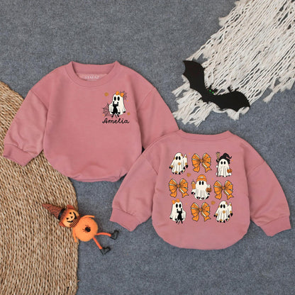 Custom Spooky Ghost Baby Romper for First Halloween! Personalized Oversized Infant Bodysuit, Cute Costume, Spooky Season Gift (137 chars)