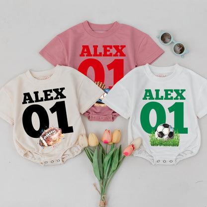 ALEX 01 Sport Romper Baby Bodysuit, Football Soccer Baseball Outfit, Custom Name Gameday Clothes, Personalized Baby Boy Girl Clothes 137