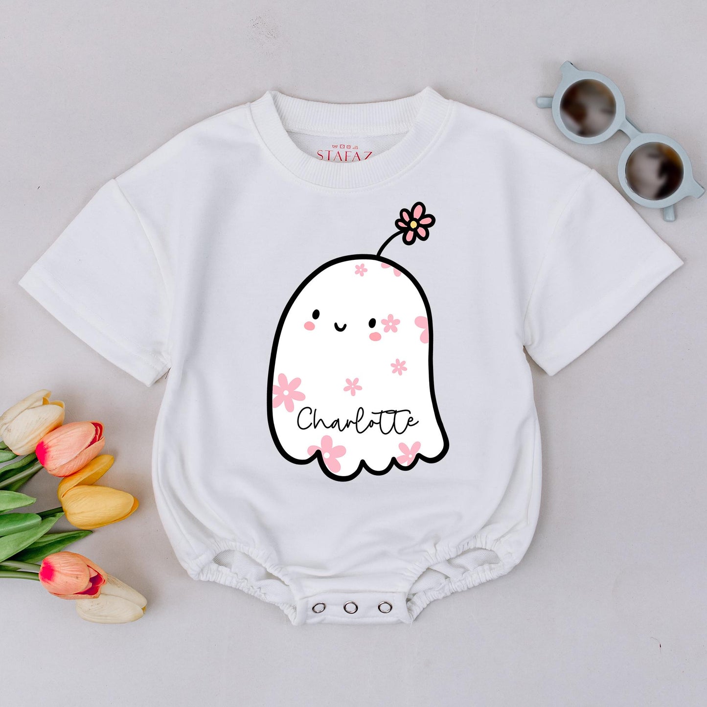 Custom Charlotte Baby Boo Ghost Romper Cute Halloween Ghost Bodysuit Pink Flowers Toddler Fall Outfit Baby Shower Gift
