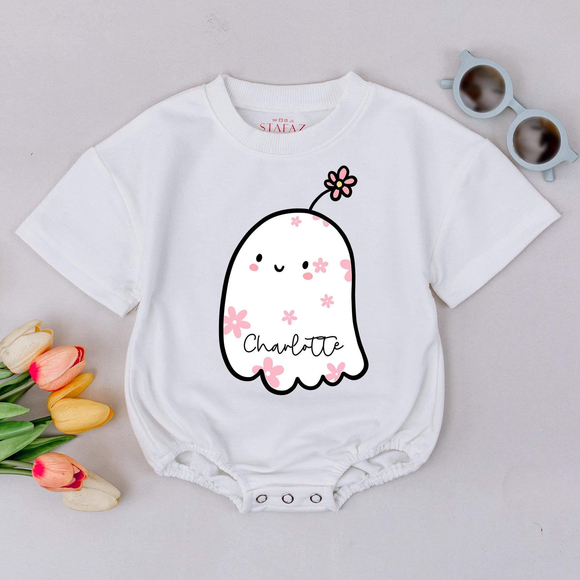 Custom Charlotte Baby Boo Ghost Romper Cute Halloween Ghost Bodysuit Pink Flowers Toddler Fall Outfit Baby Shower Gift