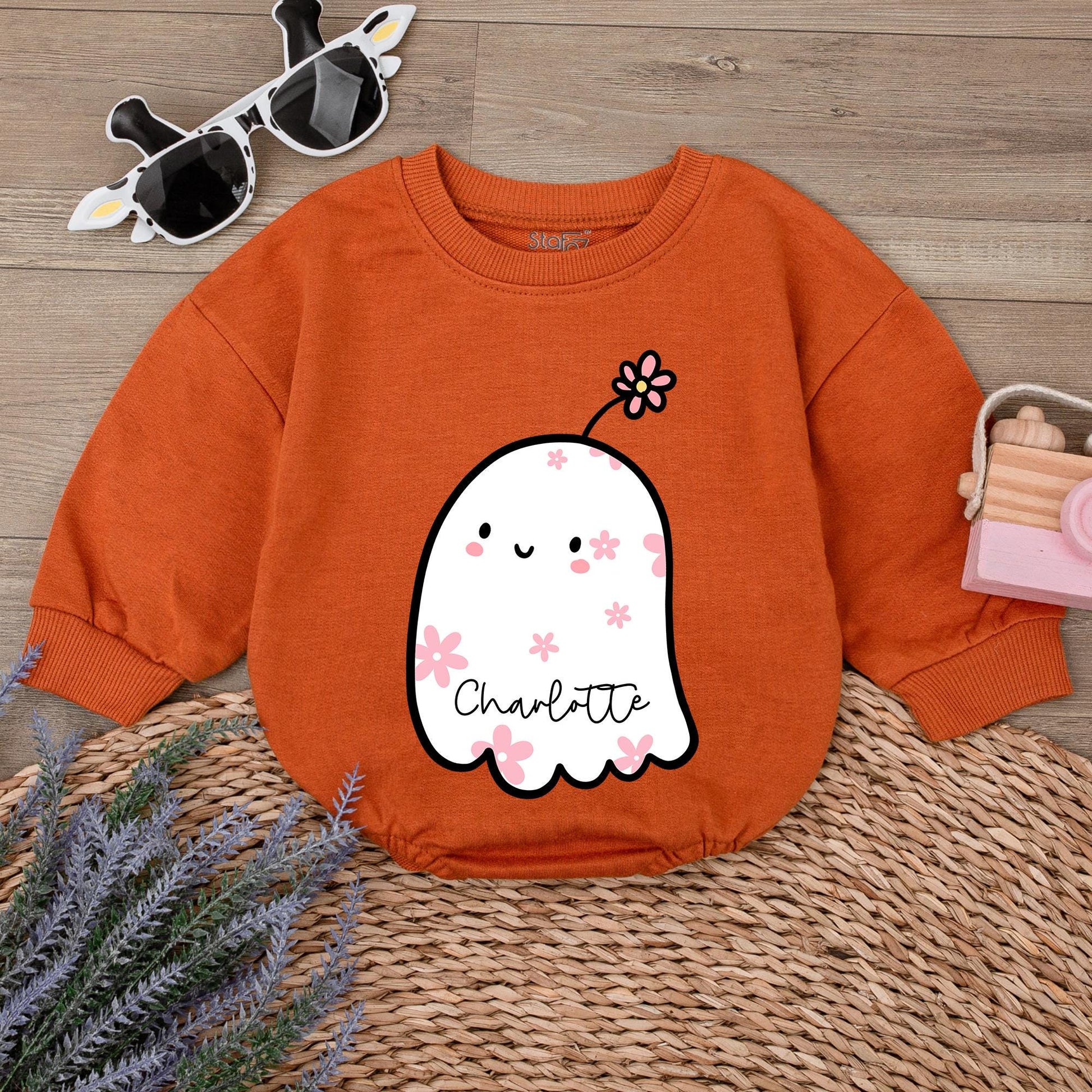Custom Charlotte Baby Boo Ghost Romper Cute Halloween Ghost Bodysuit Pink Flowers Toddler Fall Outfit Baby Shower Gift