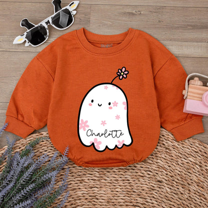 Custom Charlotte Baby Boo Ghost Romper Cute Halloween Ghost Bodysuit Pink Flowers Toddler Fall Outfit Baby Shower Gift