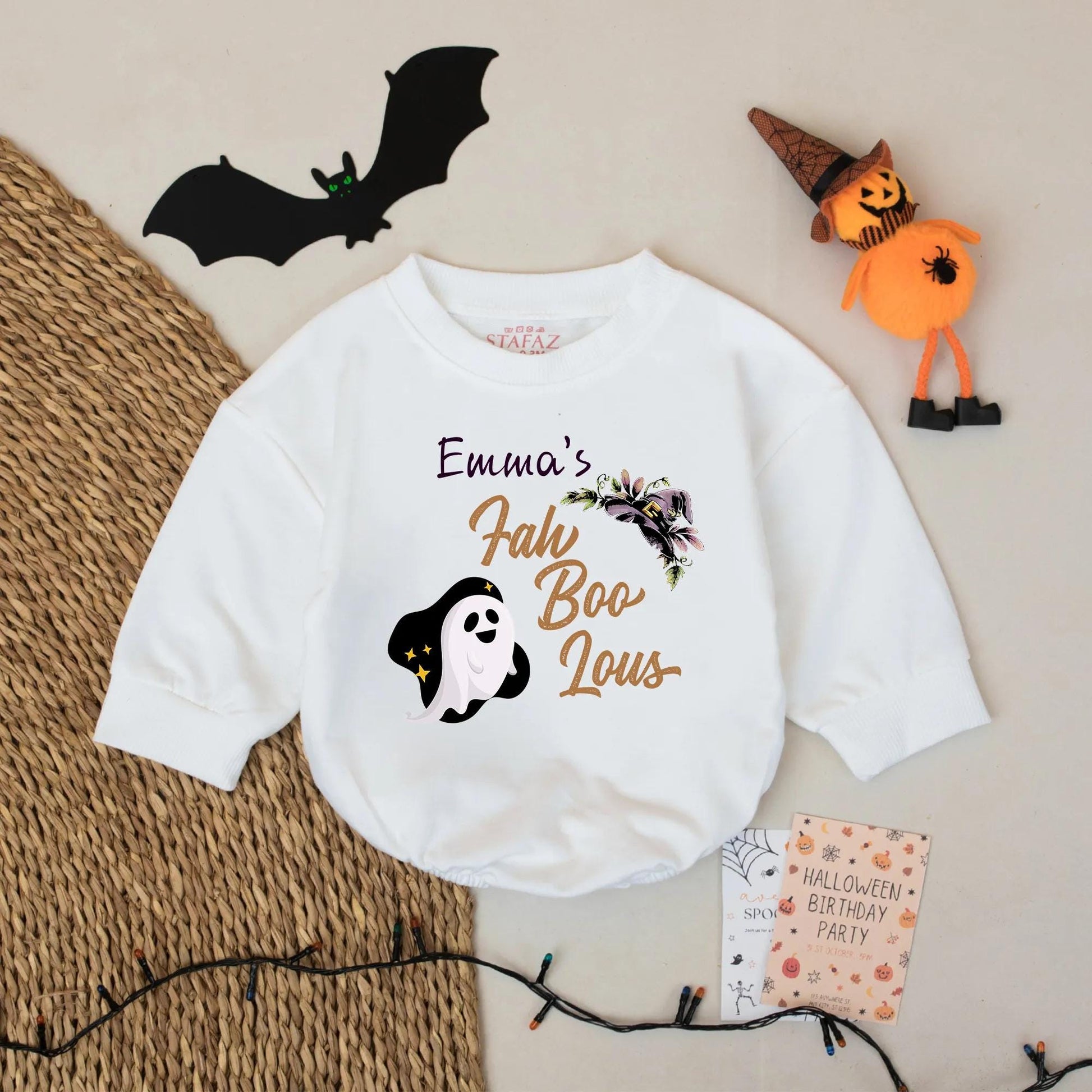 Personalized Emma's Fah Boo Lous Halloween Baby Romper Girl Outfit with Ghost & Floral Design Custom Fall Bodysuit