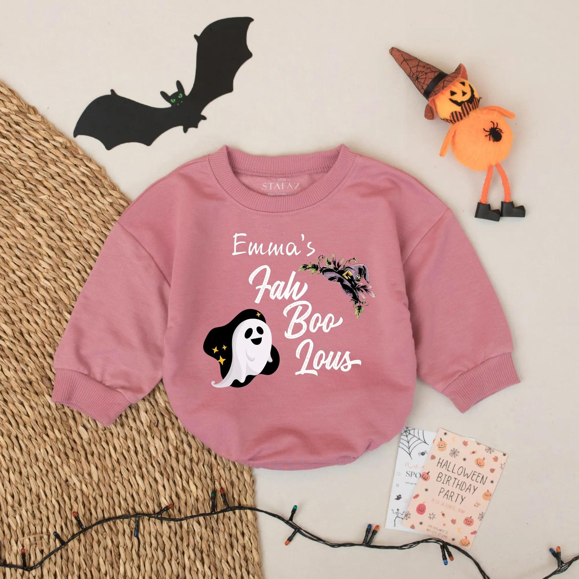 Personalized Emma's Fah Boo Lous Halloween Baby Romper Girl Outfit with Ghost & Floral Design Custom Fall Bodysuit