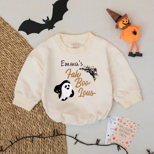 Personalized Emma's Fah Boo Lous Halloween Baby Romper Girl Outfit with Ghost & Floral Design Custom Fall Bodysuit