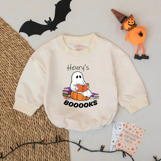 Personalized Ghost Reading Baby Romper for Book Lovers Cute Halloween Bodysuit Newborn Toddler Fall Outfit Whimsical Design with BOOOOOKS
