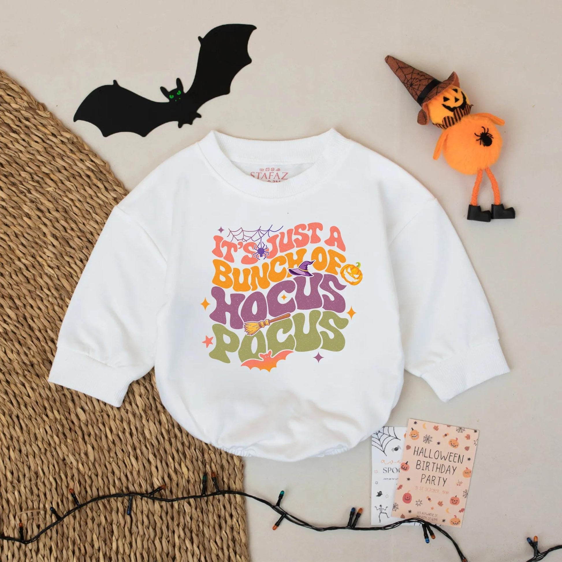 Hocus Pocus Halloween Baby Outfit - Retro Fall Toddler Sweatshirt - Funny Spooky Season Gift Idea with Witch Hat, Pumpkin & Stars - 137 chars