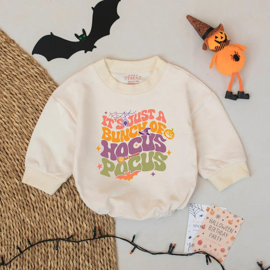Hocus Pocus Halloween Baby Outfit - Retro Fall Toddler Sweatshirt - Funny Spooky Season Gift Idea with Witch Hat, Pumpkin & Stars - 137 chars