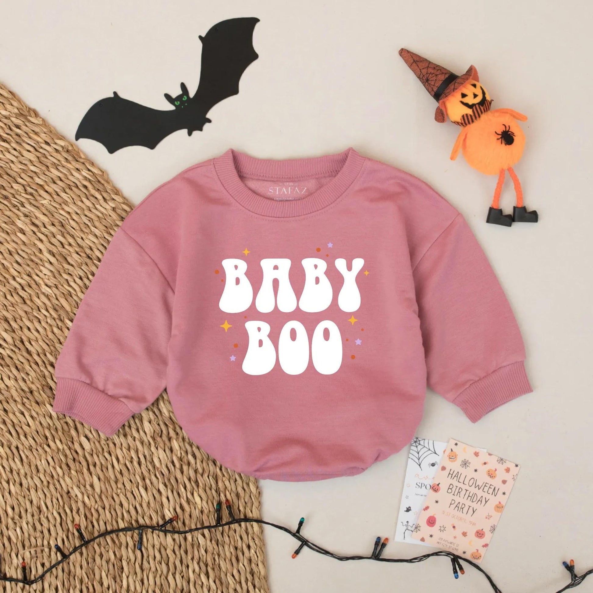 Baby Boo Retro Halloween Romper for Baby | Cute Fall Outfit with Orange & Purple Star Graphics | Baby Boy or Girl Halloween Costume