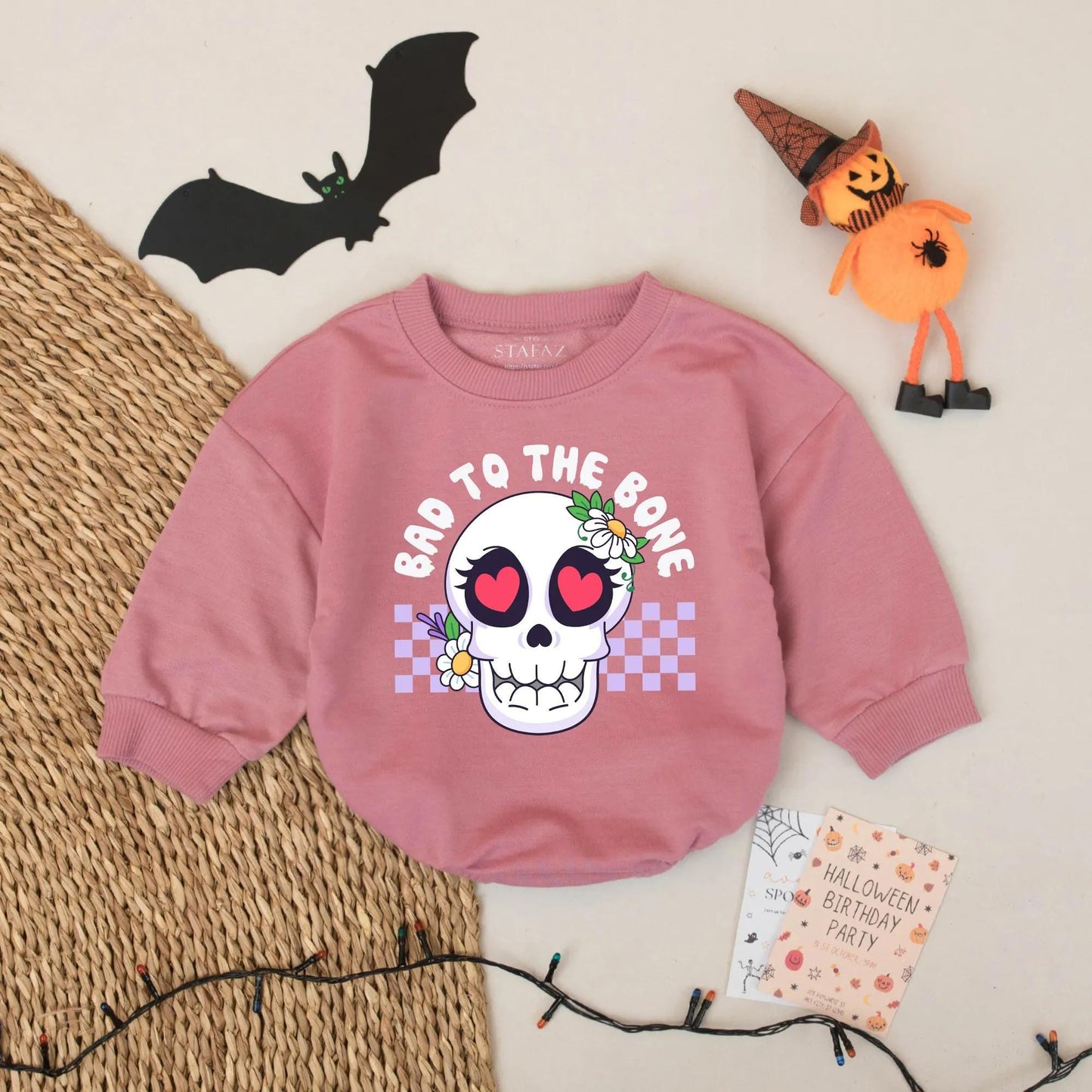 Cute Floral Skull Baby Romper Bad to the Bone Halloween Outfit for Baby Girl or Boy Fall Baby Clothes Pastel Purple Checkerboard