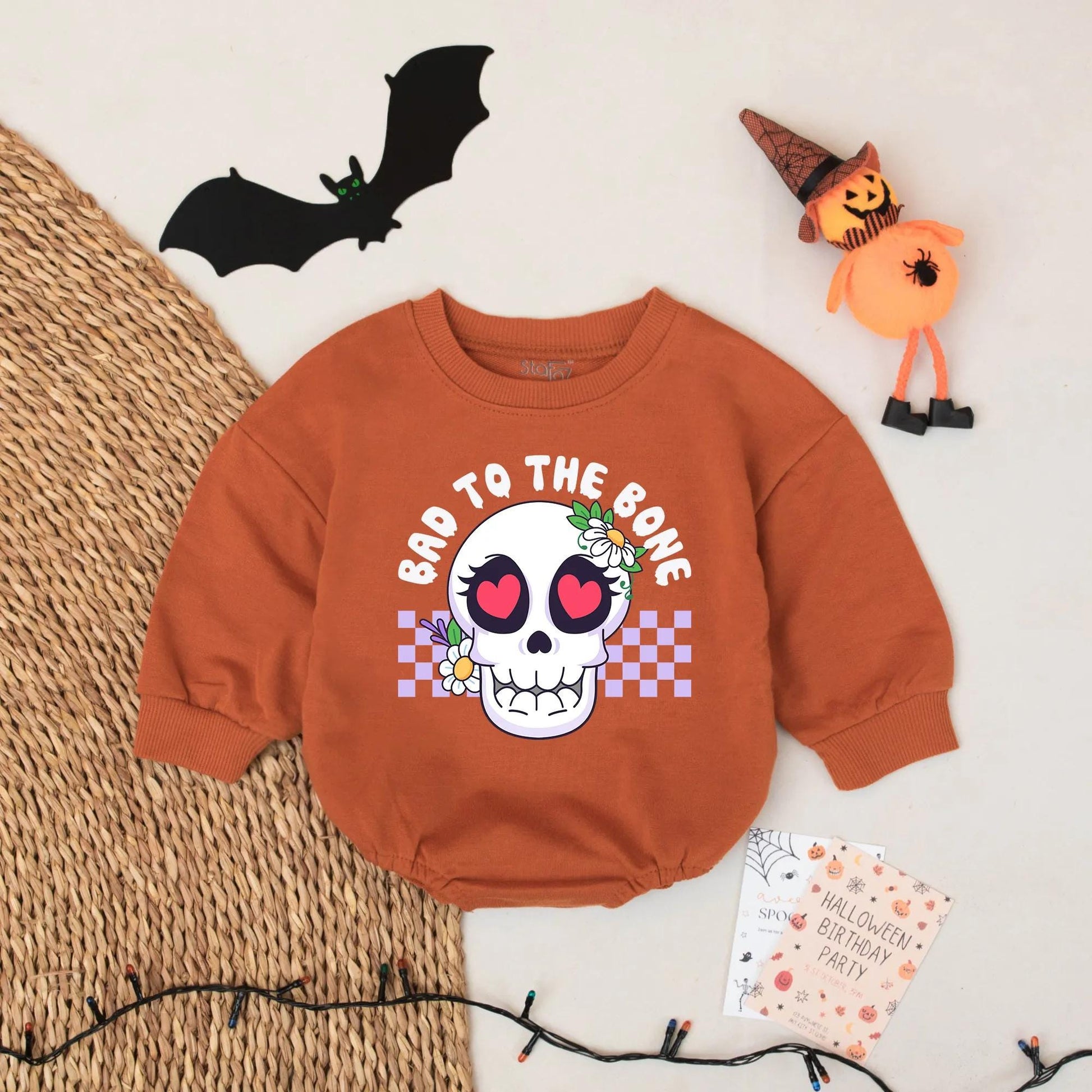 Cute Floral Skull Baby Romper Bad to the Bone Halloween Outfit for Baby Girl or Boy Fall Baby Clothes Pastel Purple Checkerboard