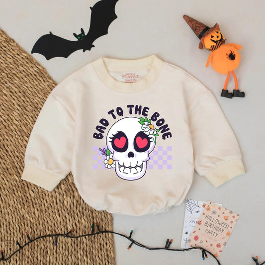 Cute Floral Skull Baby Romper Bad to the Bone Halloween Outfit for Baby Girl or Boy Fall Baby Clothes Pastel Purple Checkerboard
