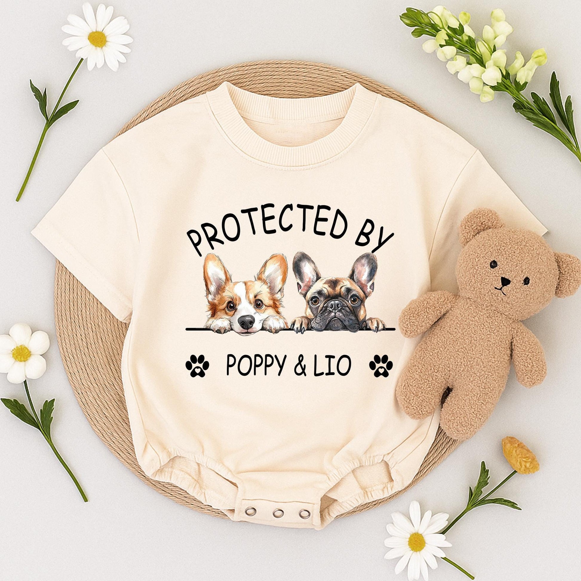 Protected by Poppy & Lio Dog Romper Custom Baby Gift, Corgi Frenchie Design Puppy Outfit Newborn Boy Girl, Personalized Baby Announcement, Unique