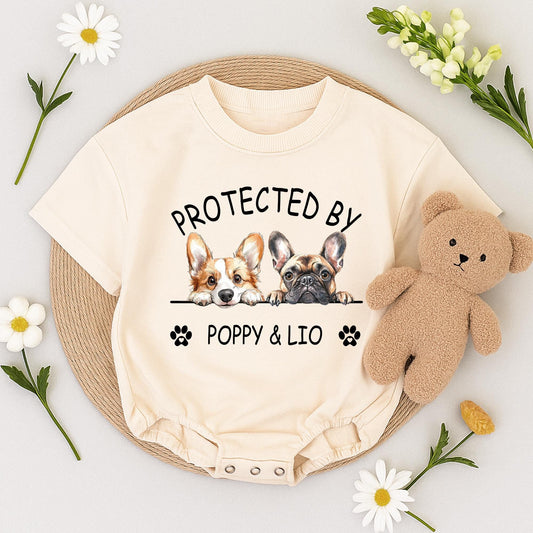 Protected by Poppy & Lio Dog Romper Custom Baby Gift, Corgi Frenchie Design Puppy Outfit Newborn Boy Girl, Personalized Baby Announcement, Unique