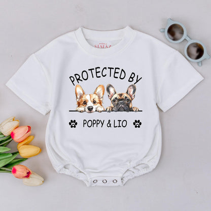 Protected by Poppy & Lio Dog Romper Custom Baby Gift, Corgi Frenchie Design Puppy Outfit Newborn Boy Girl, Personalized Baby Announcement, Unique