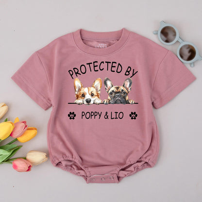 Protected by Poppy & Lio Dog Romper Custom Baby Gift, Corgi Frenchie Design Puppy Outfit Newborn Boy Girl, Personalized Baby Announcement, Unique