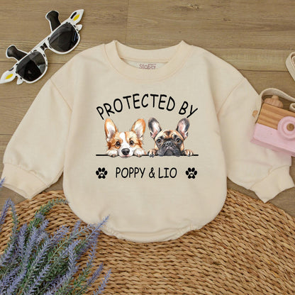 Protected by Poppy & Lio Dog Romper Custom Baby Gift, Corgi Frenchie Design Puppy Outfit Newborn Boy Girl, Personalized Baby Announcement, Unique
