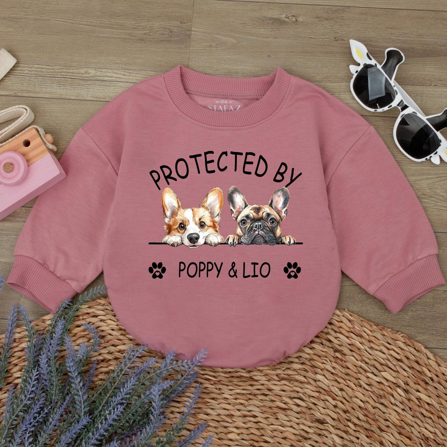 Protected by Poppy & Lio Dog Romper Custom Baby Gift, Corgi Frenchie Design Puppy Outfit Newborn Boy Girl, Personalized Baby Announcement, Unique