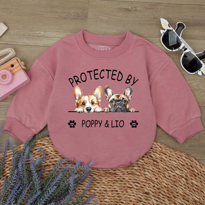Protected by Poppy & Lio Dog Romper Custom Baby Gift, Corgi Frenchie Design Puppy Outfit Newborn Boy Girl, Personalized Baby Announcement, Unique